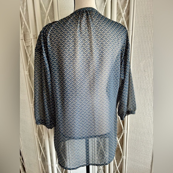 Zara TRF Blouse Pleat Front Dark Blue Yellow Polka Dot Sheer Airy size Large - Picture 6 of 16